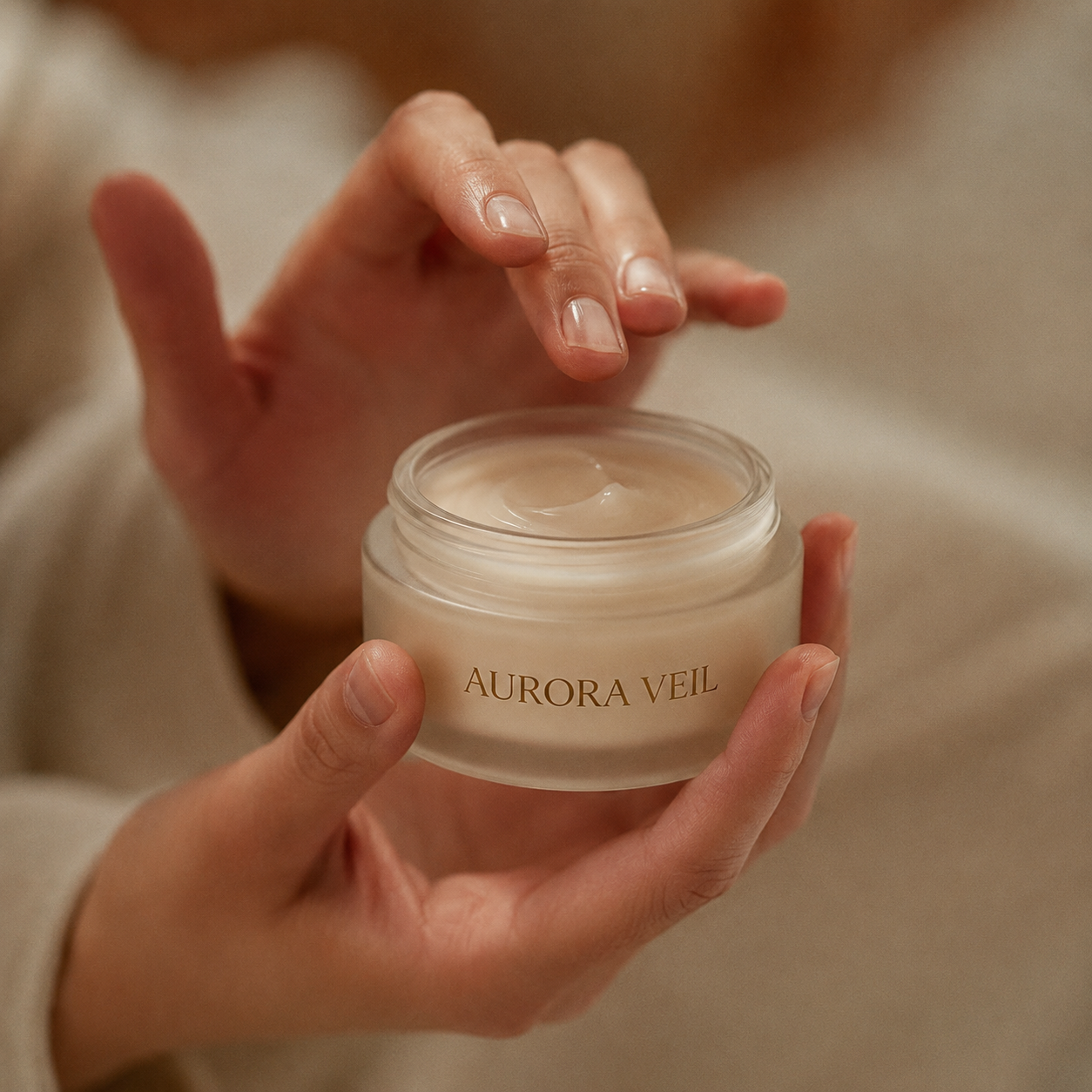 Hand holding open Aurora Veil jar — Nordic Lipid Therapy ritual
